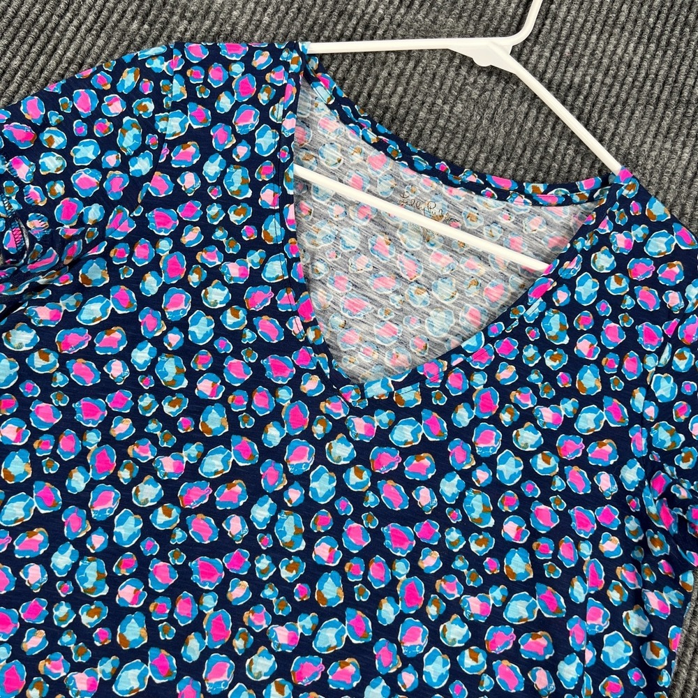 Lilly Pulitzer Shirt Womens XS Blue‎ Pink Geometric Short Sleeve Stretch Casual